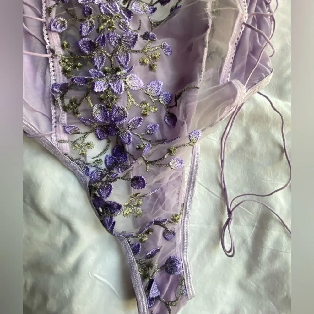 new,embroidered slim tulle bodysuit